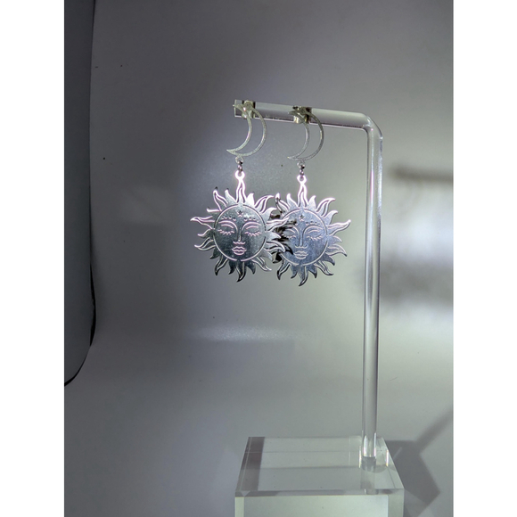 Celestial Sun and Moon Earrings, Stainless Steel Dangle Stud Earrings - Picture 7 of 15